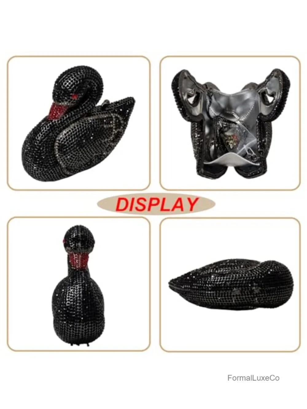 Crystal Swan Evening Clutch Rhinestone Minaudiere Faux Leather Handbag